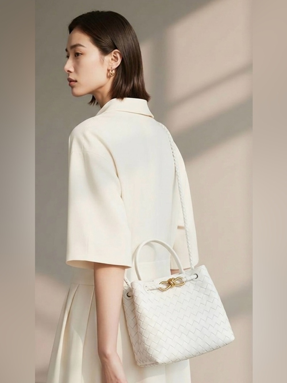 Tiffany & Fred Paris Woven Genuine Leather Satchel Crossbody Bag White NWT